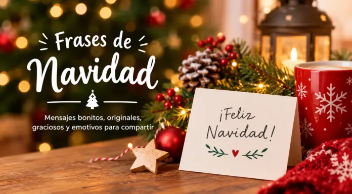 Tarjeta con felicitación navideña junto a una taza roja, ramas de pino, luces y adornos festivos