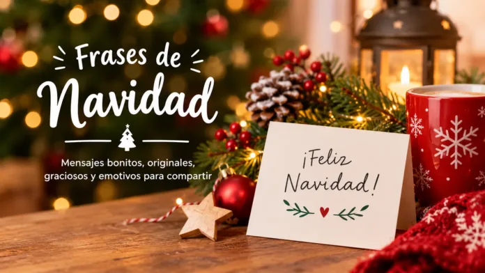 Tarjeta con felicitación navideña junto a una taza roja, ramas de pino, luces y adornos festivos