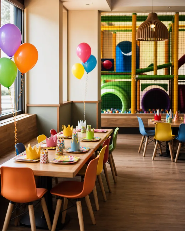 Área de juegos decorada en un restaurante para cumpleaños infantiles