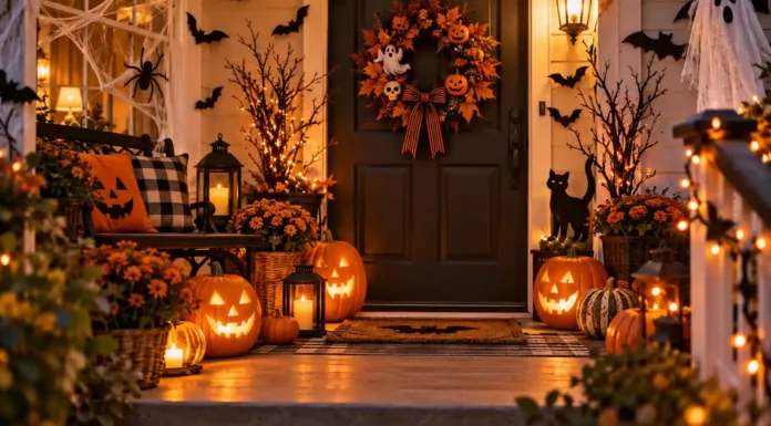 Entrada de casa decorada para Halloween con calabazas, murciélagos, luces y adornos temáticos