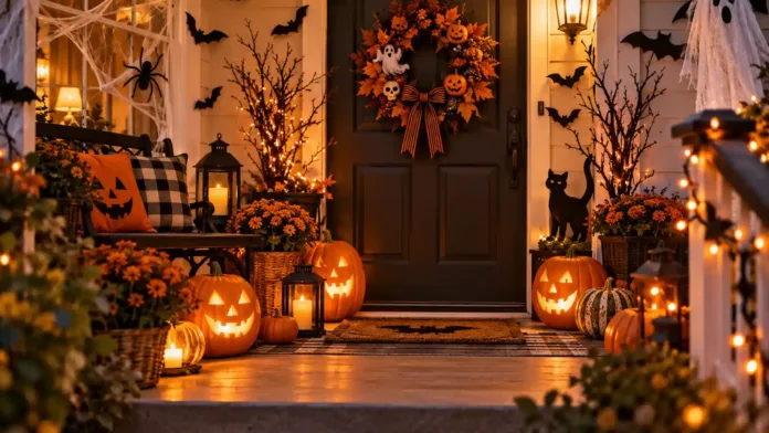 Entrada de casa decorada para Halloween con calabazas, murciélagos, luces y adornos temáticos