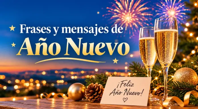 Frases y mensajes de Año Nuevo con copas de celebración, fuegos artificiales y decoración festiva.