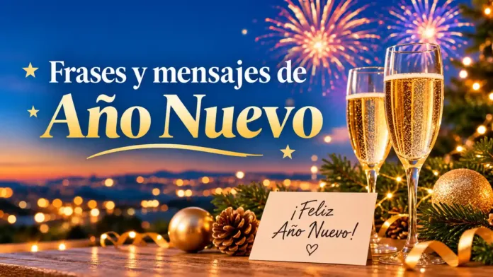 Frases y mensajes de Año Nuevo con copas de celebración, fuegos artificiales y decoración festiva.