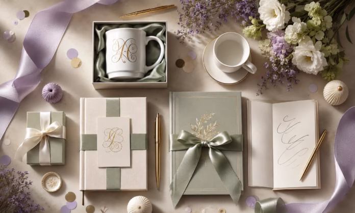 Mesa de regalos personalizados con taza monogramada, libreta, caja de regalo, tarjeta y flores en tonos sage, lavanda, crema y dorado.