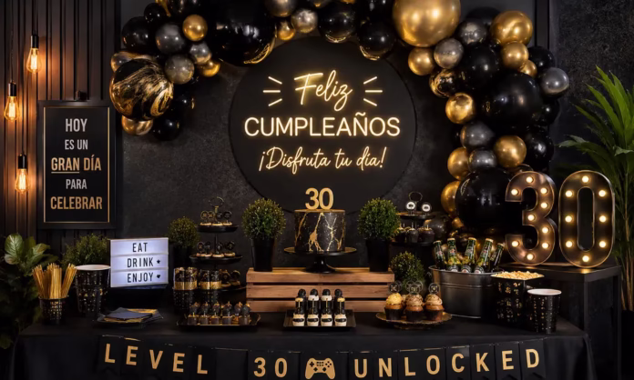decoración de cumpleaños para hombre con globos negros y dorados, mesa elegante y luces cálidas