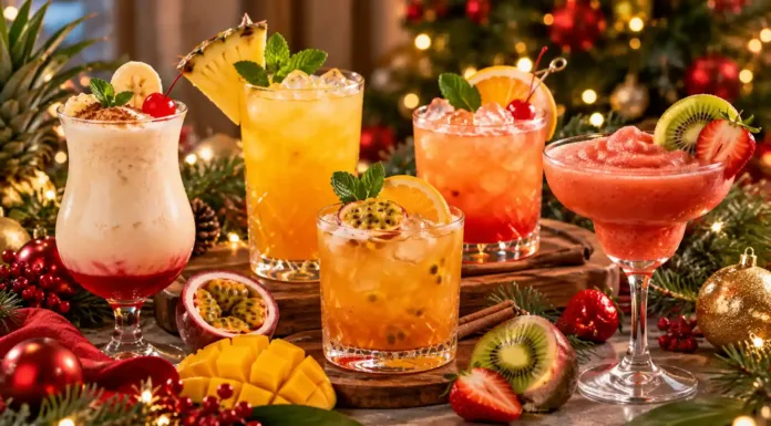 Bebidas con ron para Navidad, cinco cócteles tropicales con frutas y decoración navideña.