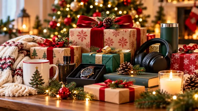Ideas de regalos de Navidad con paquetes decorados, accesorios, libros y detalles originales junto a un árbol navideño.