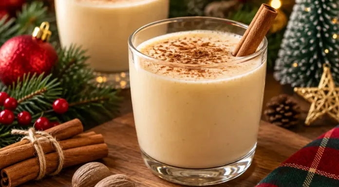 Ponche navideño dominicano casero servido con canela y nuez moscada