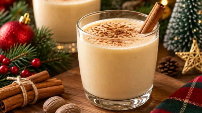 Ponche navideño dominicano casero servido con canela y nuez moscada