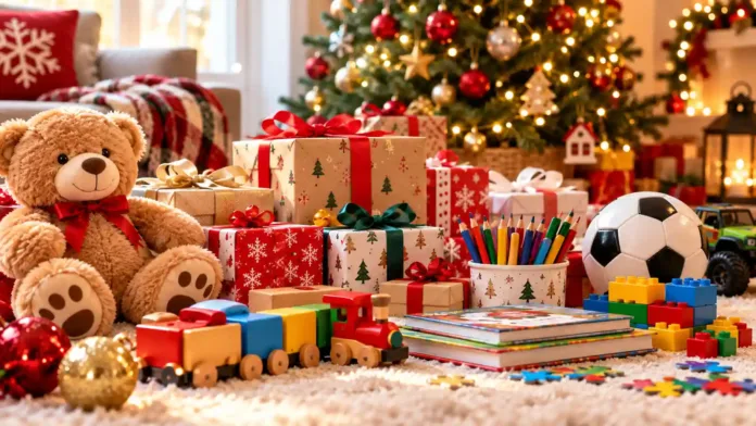 regalos-navidad-ninos-hero-2 Regalos de Navidad para niños con juguetes educativos, libros, bloques de construcción y peluches bajo un árbol navideño.