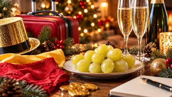 Tradiciones de fin de año con doce uvas, maleta de viaje, copas para brindar y monedas doradas.