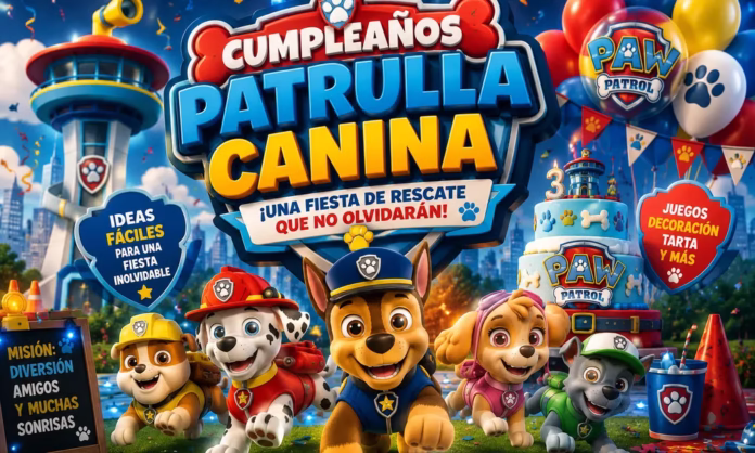 Decoración de cumpleaños Patrulla Canina con globos, tarta temática, huellas y colores rojo, azul y amarillo para una fiesta infantil.