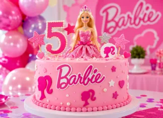Tarta Barbie para cumpleaños: ideas bonitas y originales Tarta Barbie para cumpleaños infantil con decoración rosa, muñeca, estrellas y globos festivos.