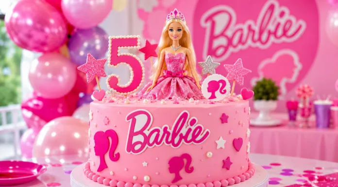 Tarta Barbie para cumpleaños: ideas bonitas y originales Tarta Barbie para cumpleaños infantil con decoración rosa, muñeca, estrellas y globos festivos.