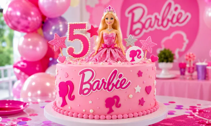 tarta-barbie Tarta Barbie para cumpleaños infantil con decoración rosa, muñeca, estrellas y globos festivos.