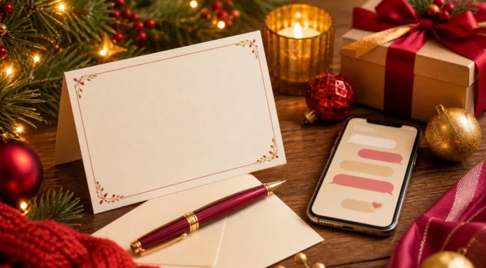 Frases cortas de Navidad: mensajes bonitos y originales para dedicar Tarjeta navideña junto a un móvil, adornos y regalos