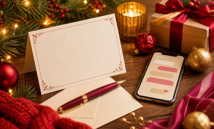Tarjeta navideña junto a un móvil, adornos y regalos