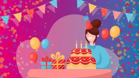 Prima sonriente celebra junto a un pastel con velas, regalos y globos en una fiesta colorida con confeti y banderines.