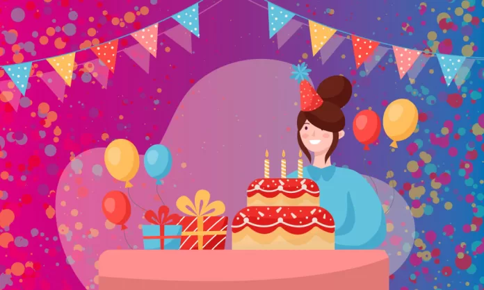Prima sonriente celebra junto a un pastel con velas, regalos y globos en una fiesta colorida con confeti y banderines.