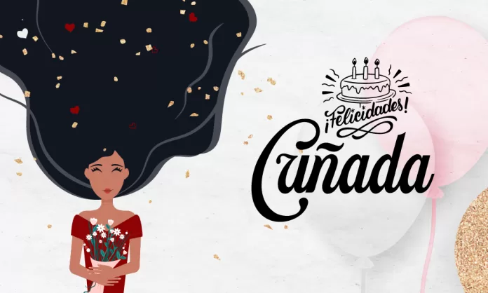 feliz-cumpleanos-cunada2 Ilustración minimalista de mujer con ramo y melena larga adornada con confeti; globos pastel y texto caligráfico ‘¡Felicidades, cuñada!’ completan la tarjeta