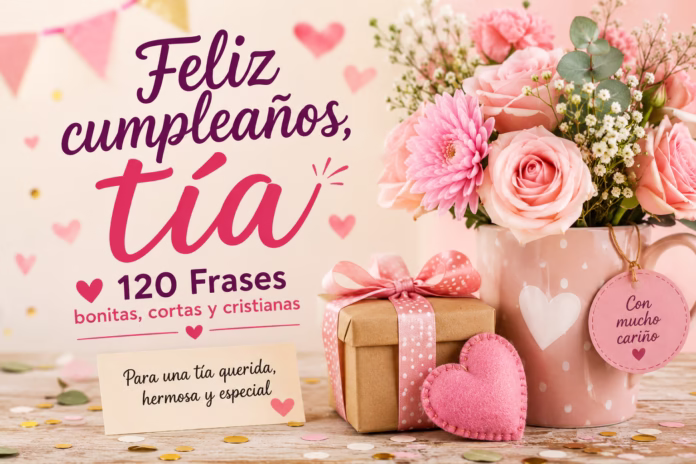 Feliz cumpleaños tía con flores rosadas y regalo para compartir frases bonitas