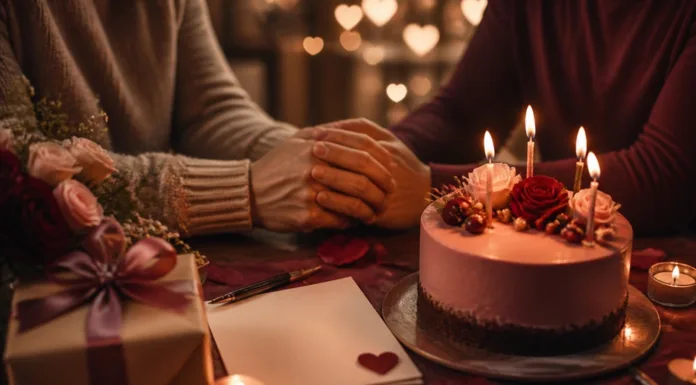Feliz cumpleaños mi amor: mensajes emotivos para tu pareja Pareja tomada de las manos junto a un pastel de cumpleaños y un regalo