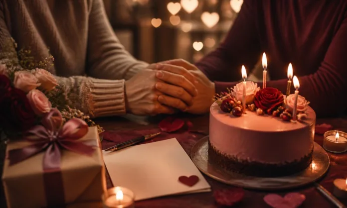 Pareja tomada de las manos junto a un pastel de cumpleaños y un regalo