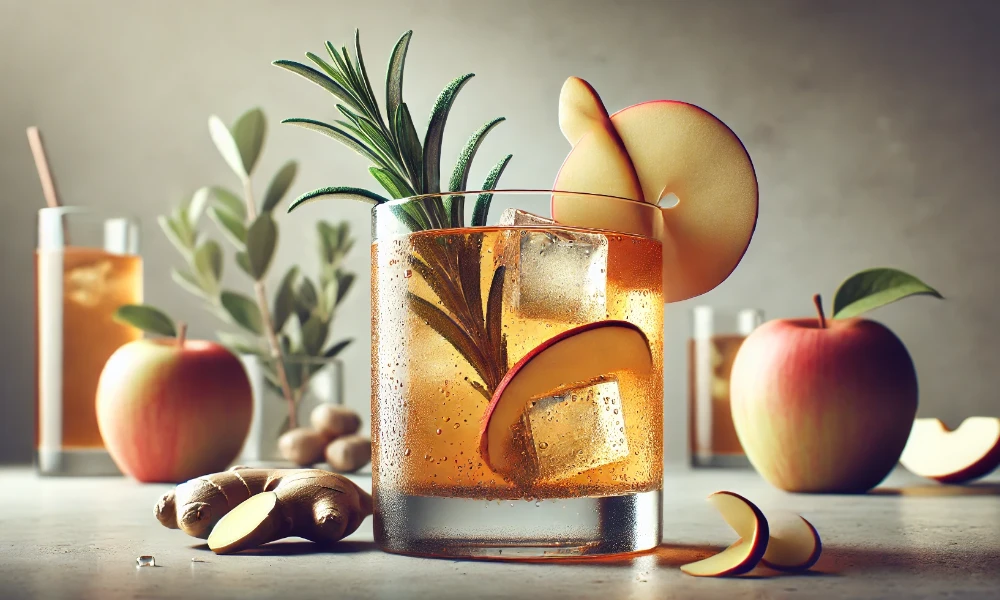 Trago de manzana y jengibre con romero, servida en vaso bajo con hielo.