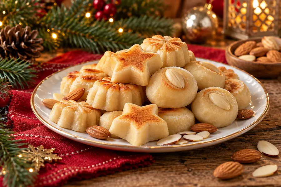 Mazapanes caseros de almendra con formas de estrellas y flores, presentados en un plato navideño.