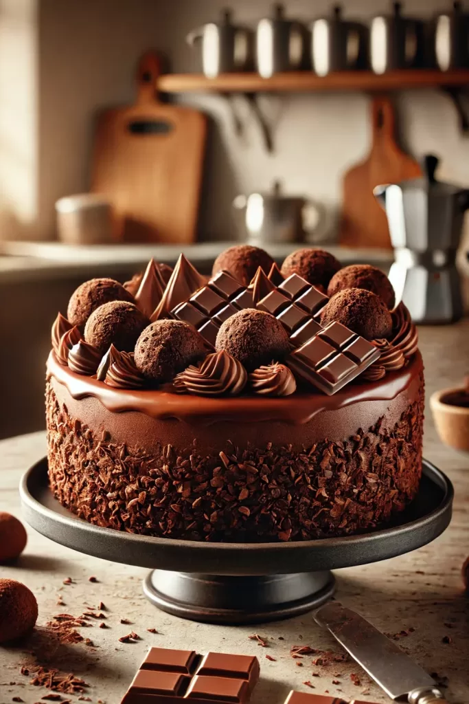 Tarta de chocolate con trufas, crema y trozos de cacao sobre base alta