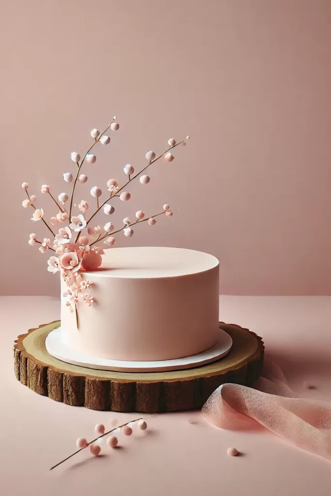 tarta minimalista en tono rosa suave con flores delicadas y diseño elegante sobre base rústica de madera.