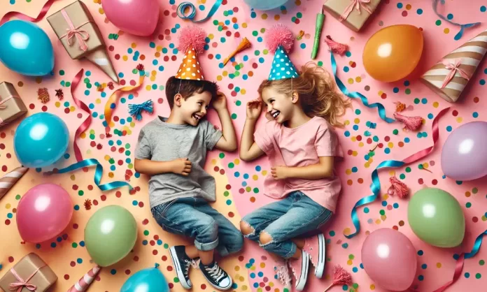 Fiesta infantil con decoración temática y niños disfrutando.