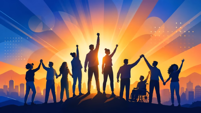 Frases de trabajo en equipo en ilustración de un grupo diverso celebrando unido al amanecer con enfoque en liderazgo, inclusión y motivación.