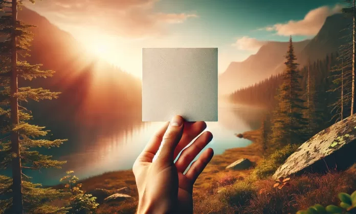 Imagen de una mano sosteniendo una hoja en blanco frente a un paisaje natural al amanecer, ideal para transmitir un mensaje motivacional de nuevos comienzos y reflexión
