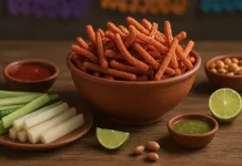 Churritos: guía completa, tipos, receta y cómo servirlos Bowl de botana con chile, jícama, pepino y salsas; papel picado al fondo.