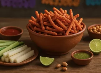 Churritos: guía completa, tipos, receta y cómo servirlos Bowl de botana con chile, jícama, pepino y salsas; papel picado al fondo.