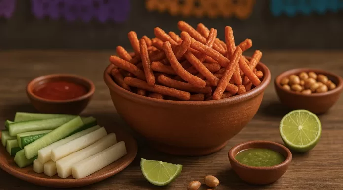 Churritos: guía completa, tipos, receta y cómo servirlos Bowl de botana con chile, jícama, pepino y salsas; papel picado al fondo.