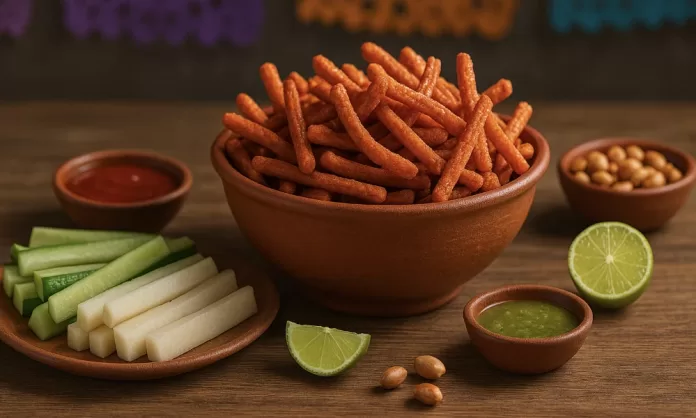churritos Bowl de botana con chile, jícama, pepino y salsas; papel picado al fondo.