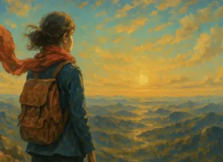 Frases de superación personal que transforman tu día Mujer con mochila y bufanda roja contemplando un amanecer desde la cima de una montaña, simbolizando la superación personal y la inspiración diaria