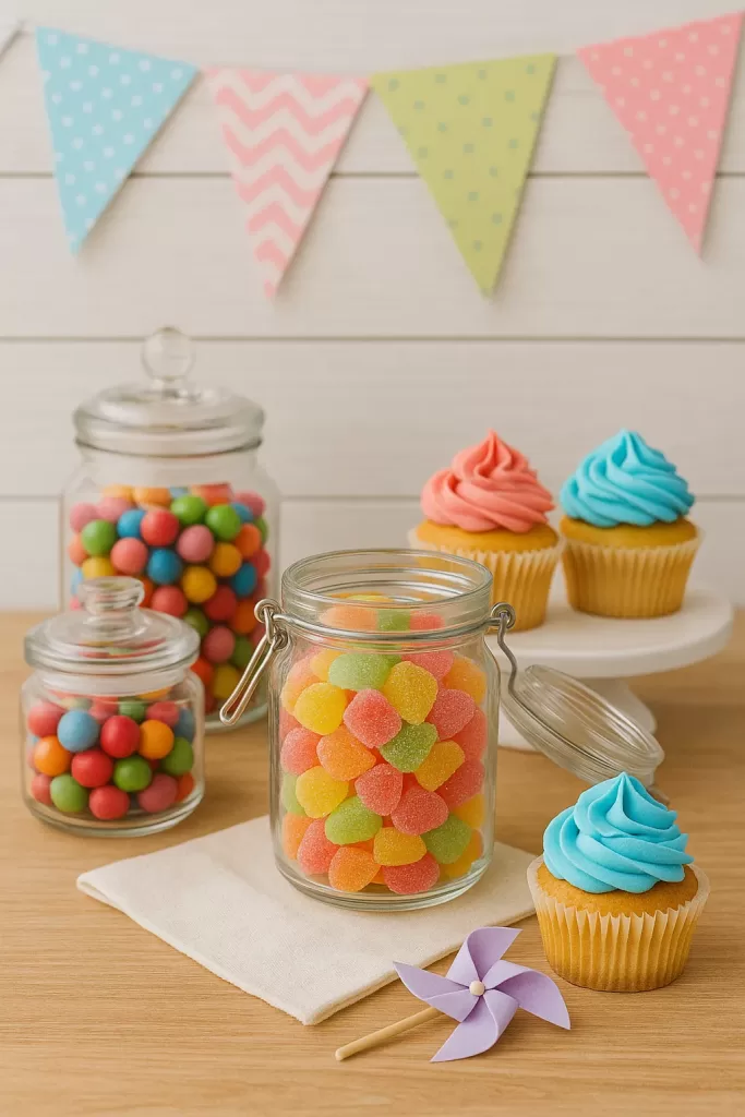 mesas de dulces: frascos con gomitas de colores y cupcakes con betún pastel, con banderines decorativos al fondo