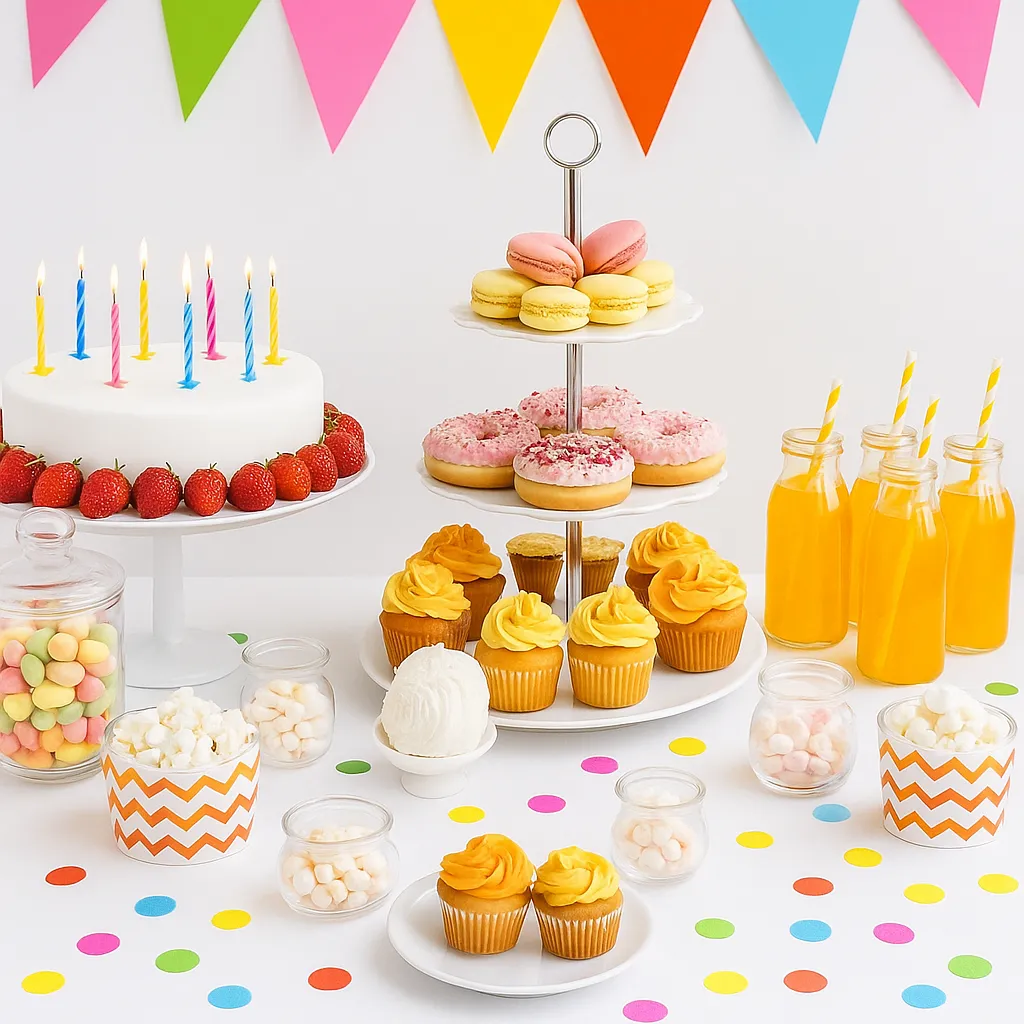 mesas de dulces: pastel con velas, donuts, macarons y cupcakes con bebidas de naranja en fiesta infantil