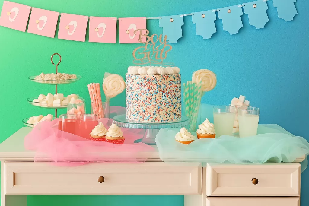 mesas de dulces para baby shower: pastel “boy or girl” con cupcakes, bebidas y dulces en tonos rosa y azul sobre mueble blanco