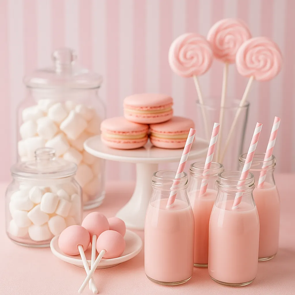 botellas de batido rosa con popotes a rayas, macarons y malvaviscos en frascos, fondo a rayas pastel