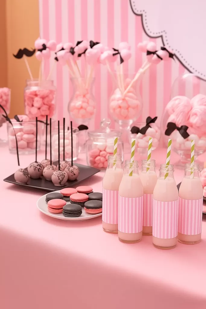 mesas de dulces: mesa rosa con macarons, cake pops y botellas de leche con popote, decoración a rayas y moños negros