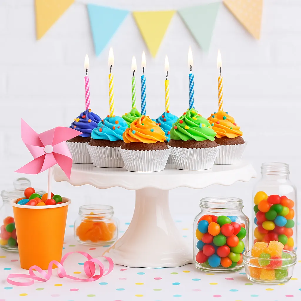 mesas de dulces: cupcakes de cumpleaños con velas y gomitas de colores en pedestal blanco