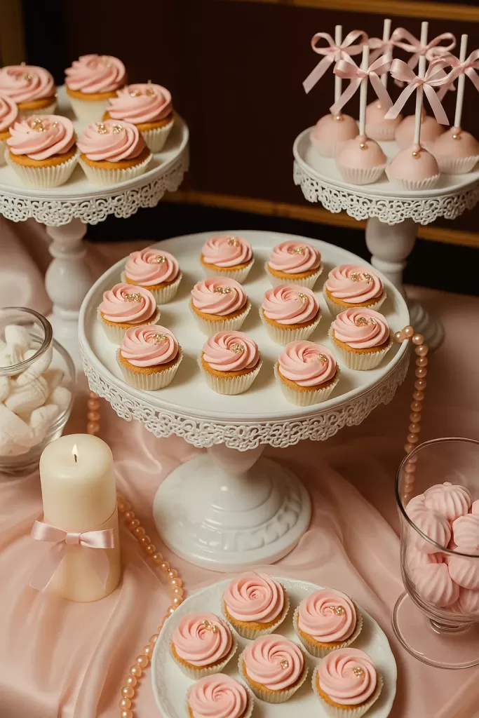 mesas de dulces: cupcakes rosa y cake pops en soportes blancos, estilo elegante