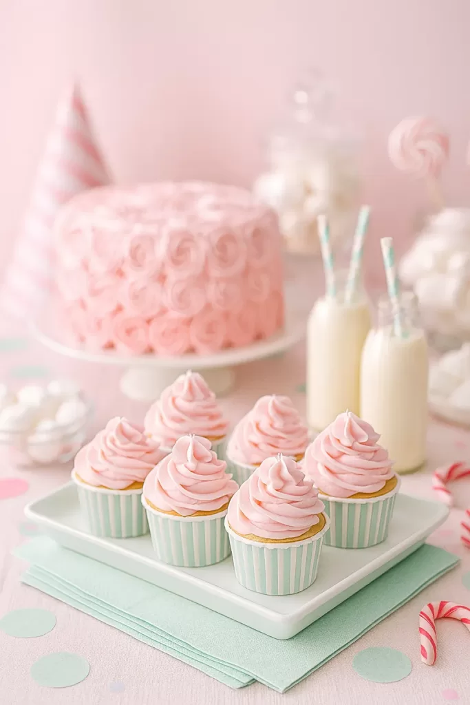 cupcakes rosa pastel en capacillos verde menta, con pastel rosado y botellas de leche al fondo