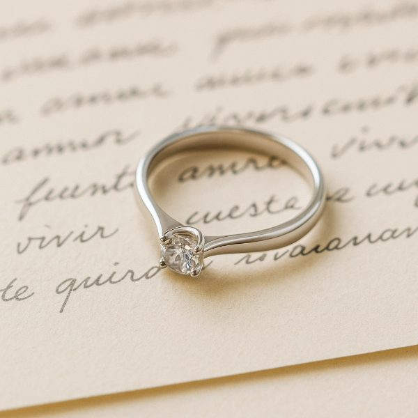 Anillo de promesa en oro blanco sobre carta manuscrita.