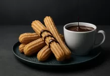 Churros con chocolate Churros dorados espolvoreados con azúcar junto a una taza de chocolate espeso sobre fondo oscuro.