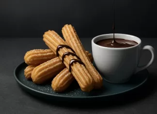 Churros con chocolate Churros dorados espolvoreados con azúcar junto a una taza de chocolate espeso sobre fondo oscuro.